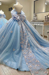 Baby Blue Ball Gown Off-Shoulder Sleeveless Tulle Quinceanera Dress with Beaded Sequins & 3D Butterfly Appliques